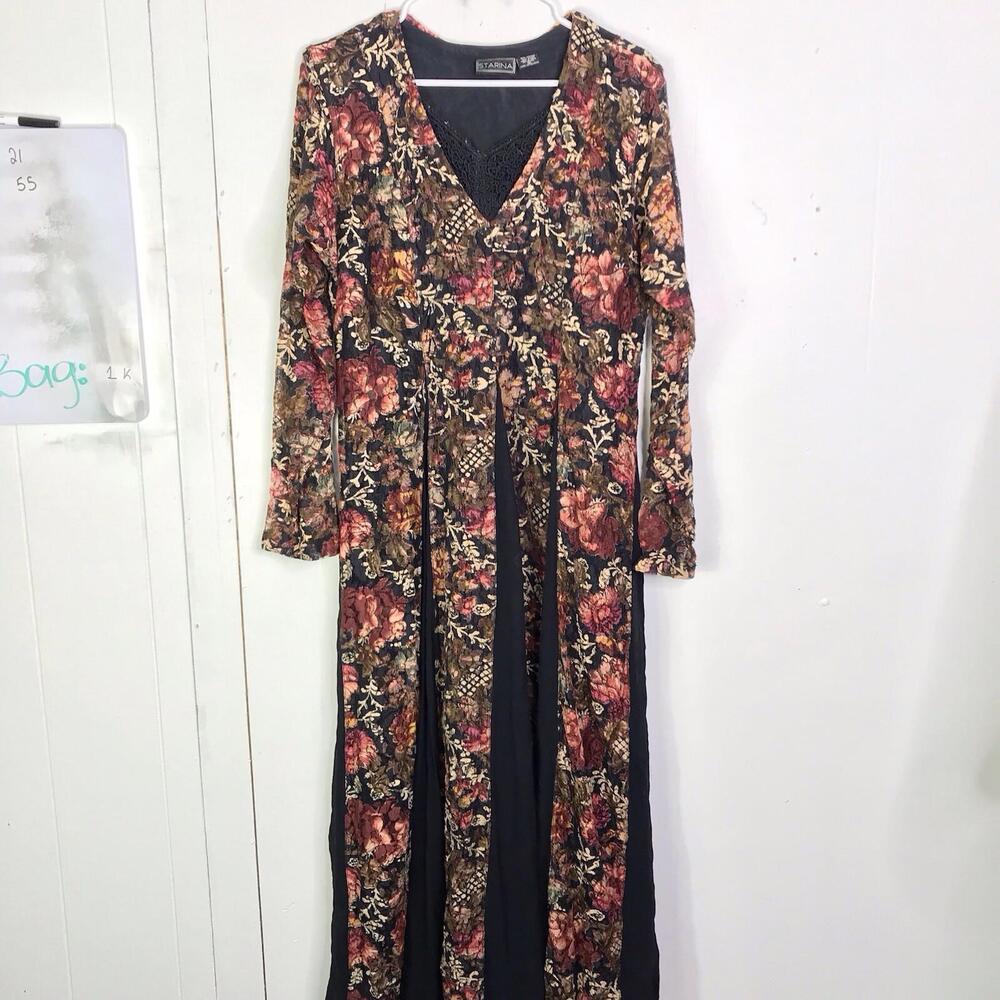 Vince Camuto Floral V-Neck Long Sleeve Maxi Dress - Black/Rust